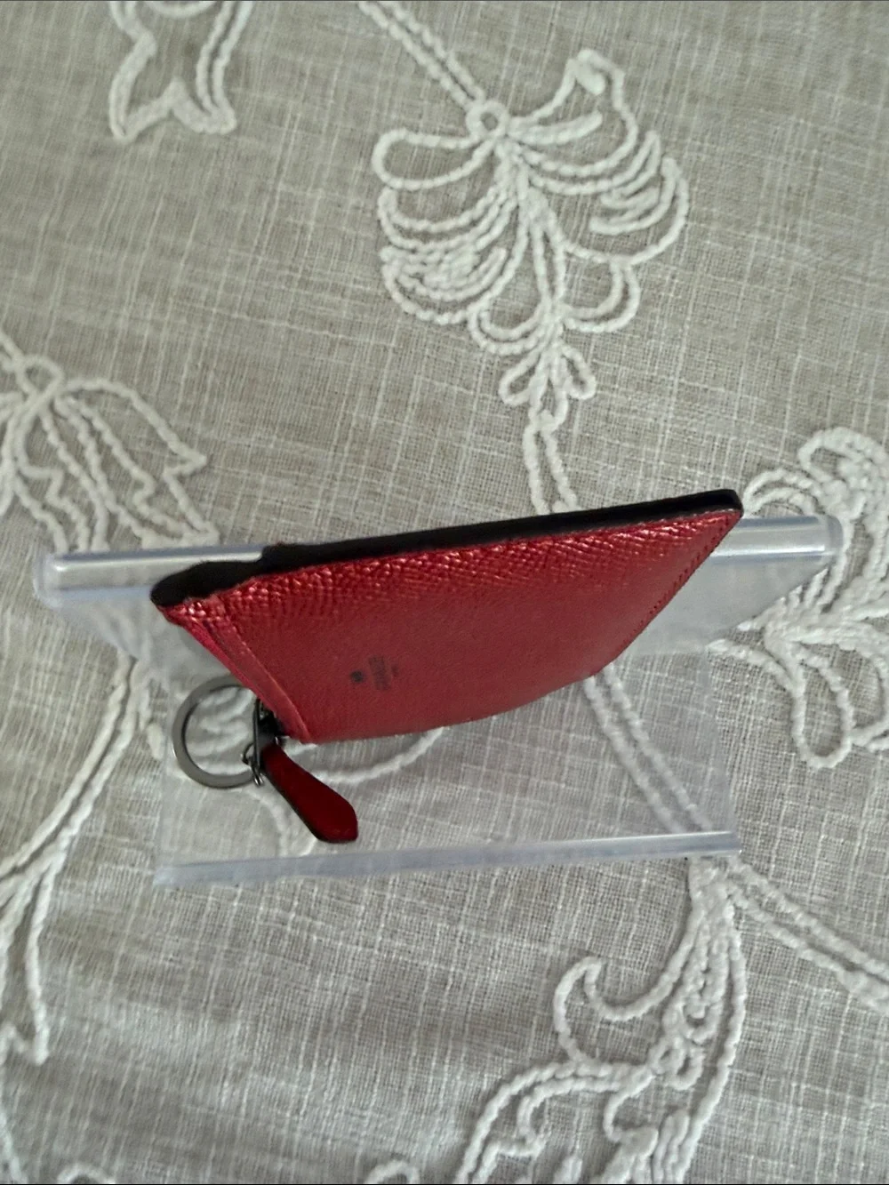 Coach Metallic Red Saffiano Leather Slim Zip Card Holder with Key Ring #F21072